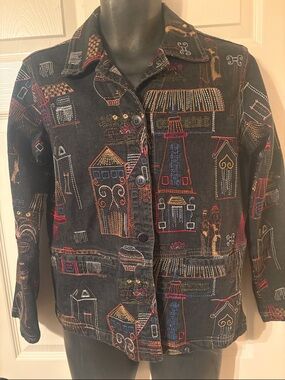 Graff Bynum Co Embroidered Black Denim Jacket with Multicolor Village Motif